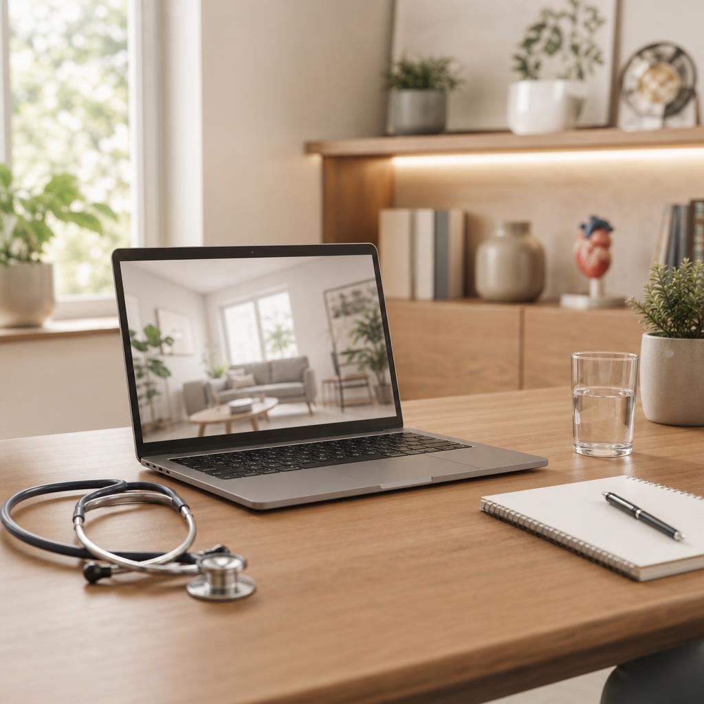 Private virtual clinical consultation workspace — laptop and stethoscope on a consultant's desk